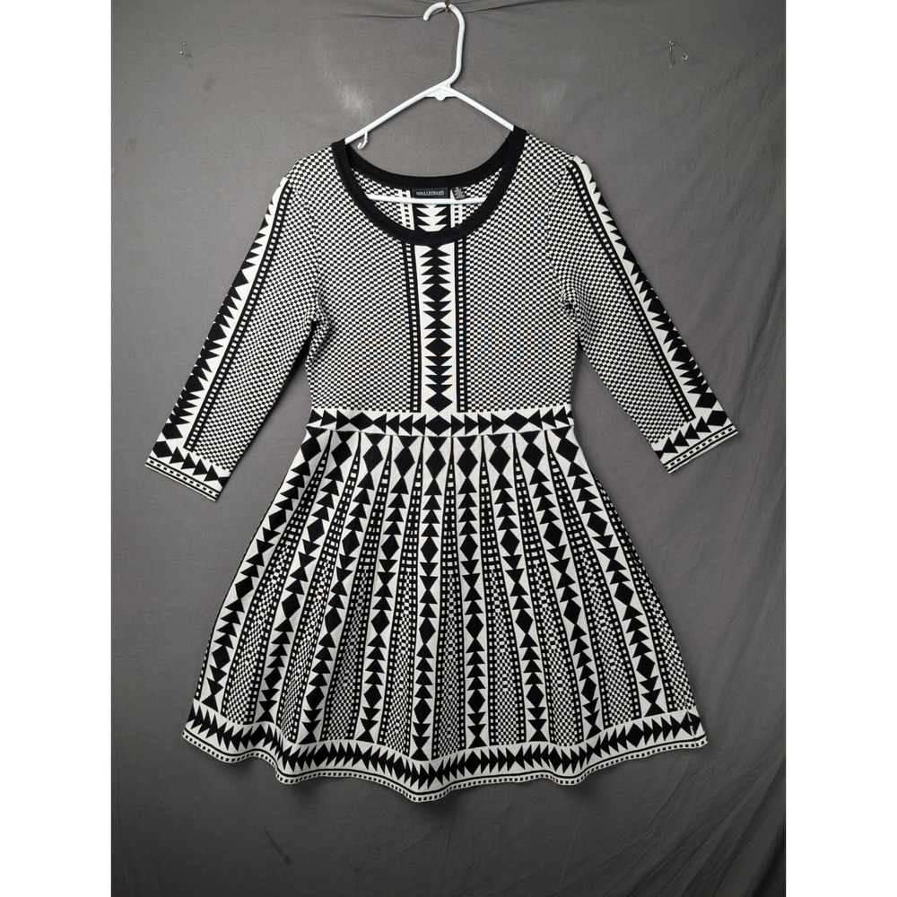 Nina Leonard Womens Geometric Fit and Flare Knit Dress Black White Medium 6509